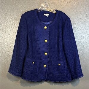 Joan Rivers Royal Blue Tweed Jacket with Gold Accents Button Down Ruffled Trim